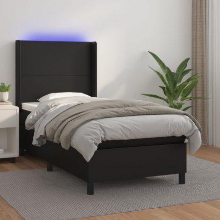 Κρεβάτι Boxspring με Στρώμα & LED Μαύρο 90x200 εκ. Συνθ. Δέρμα