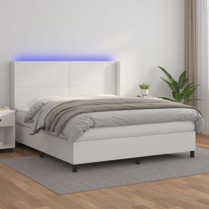 Κρεβάτι Boxspring με Στρώμα & LED Λευκό 180x200 εκ. Συνθ. Δέρμα