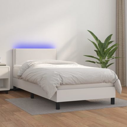 Κρεβάτι Boxspring με Στρώμα & LED Λευκό 100x200 εκ. Συνθ. Δέρμα