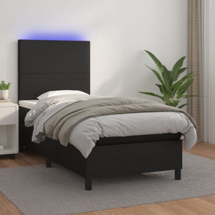 Κρεβάτι Boxspring με Στρώμα & LED Μαύρο 90x190 εκ. Συνθ. Δέρμα
