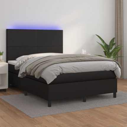Κρεβάτι Boxspring με Στρώμα & LED Μαύρο 140x190 εκ. Συνθ. Δέρμα